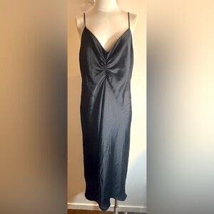 ZARA Sz XL Black Satin Slip Dress Spaghetti Strap Bust Ruching Slit Slinky
